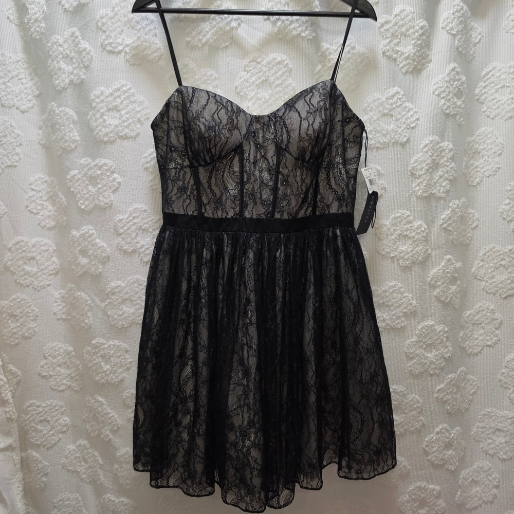 NWT Aidan Mattox Black Lace Corset Cocktail Dress Sweetheart Fit & Flare Size 12